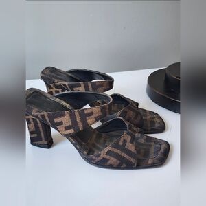 Authentic Fendi Women's Black and Brown Patterned Heels 35 1/2